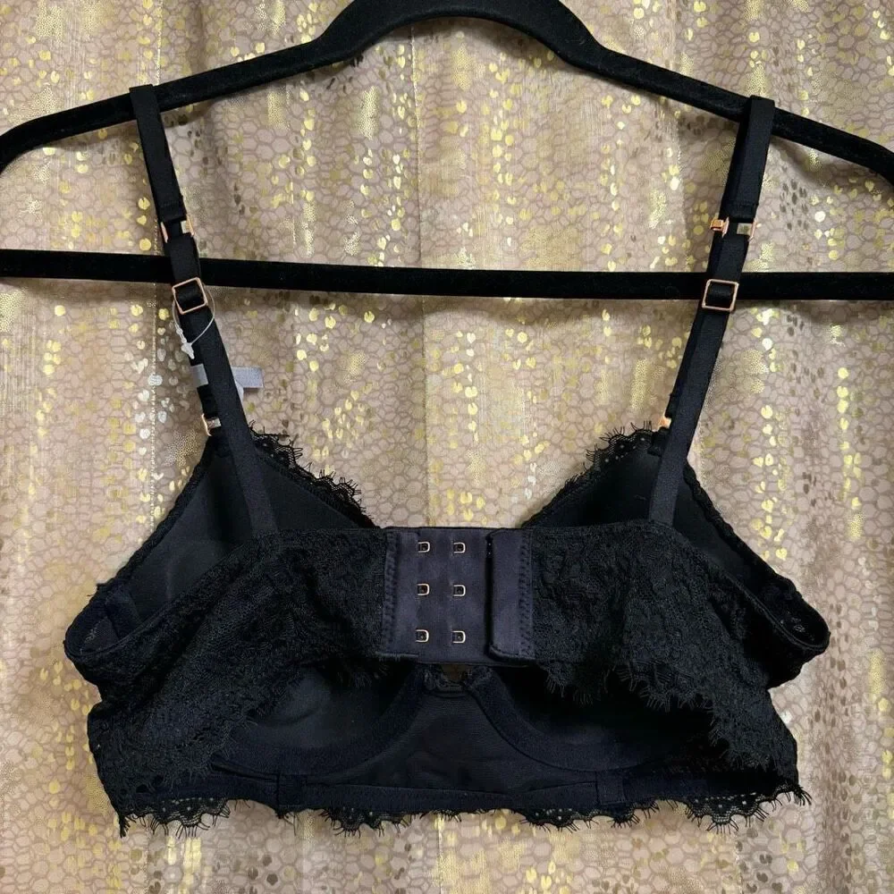 Aerie True Black Show Off Eyelash Lace Plunge Push Up Bra 32B NWT